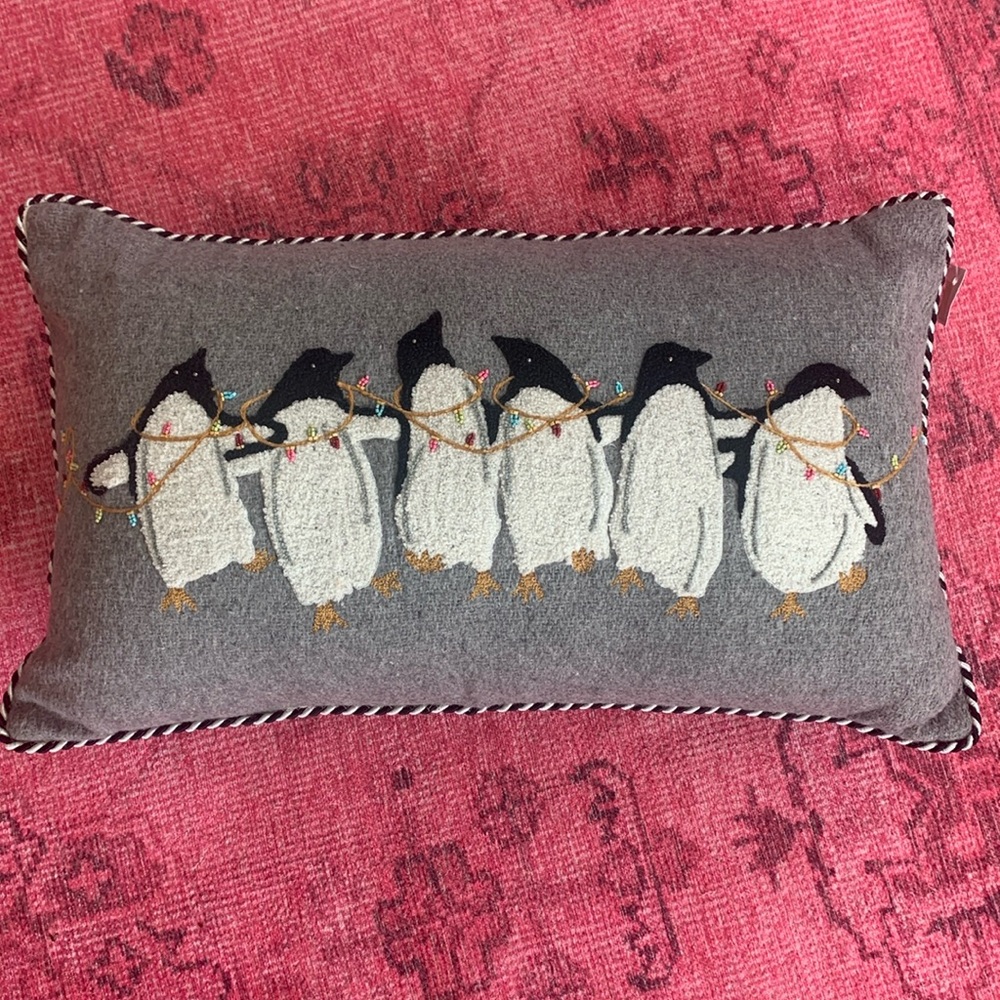 Mac-Kenzie Childs Penguin Lumbar Pillow.